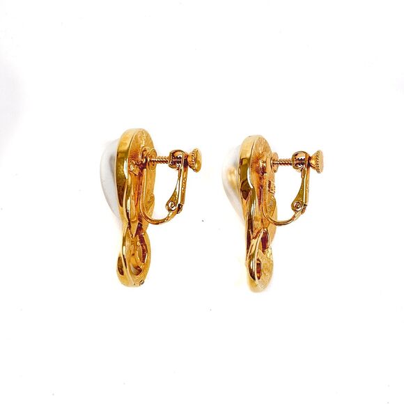 Faux Pearl Earrings Signed JS Tear Drop Cabochon Gold Tone Hinged Screw Back - Picture 5 of 6